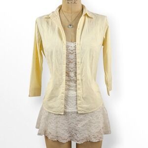 Y2K Floral Embroidered Button Up Shirt Butter Yellow Cottagecore Size S/M